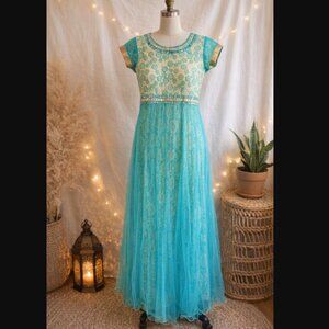 Vintage Embroidered India Maxi Dress S Boho Sheer Whimsigoth Festival Gown Teal